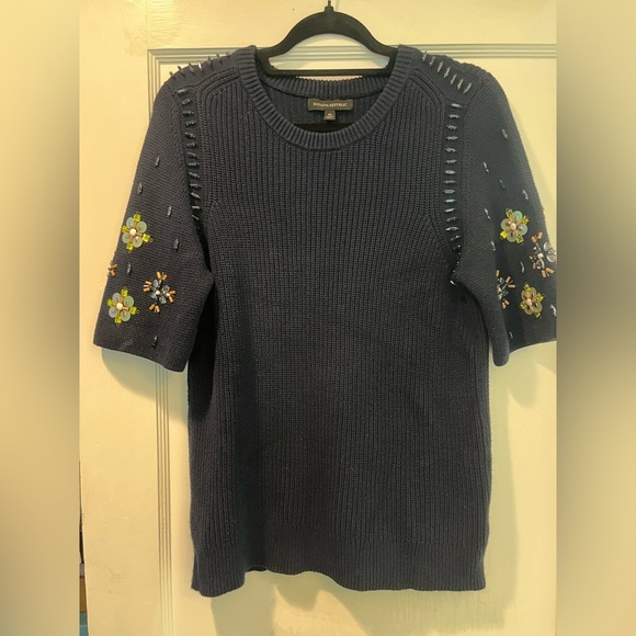 Banana Republic Navy Blue Knit Beaded Sequin Cotton Blend Sweater Size Medium - Picture 2 of 7